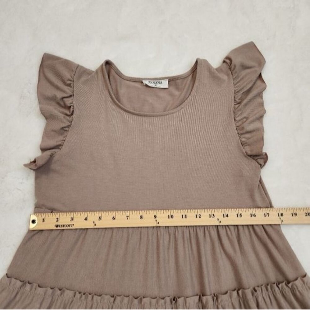 Zenana Ash Mocha Tiered Mini Dress Flutter Sleeve Tan Sleeveless Size Medium - Picture 10 of 12